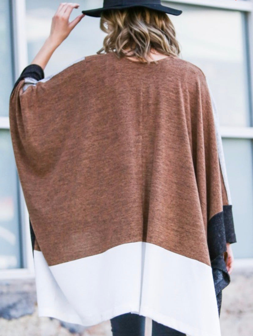 Breezy Asymmetrical Color Block Poncho Cardigan