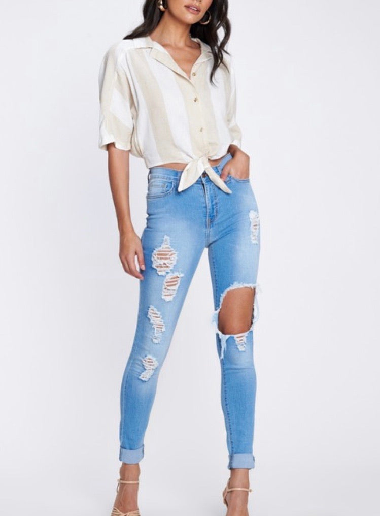 Medium Stone Distressed Skinny Jean