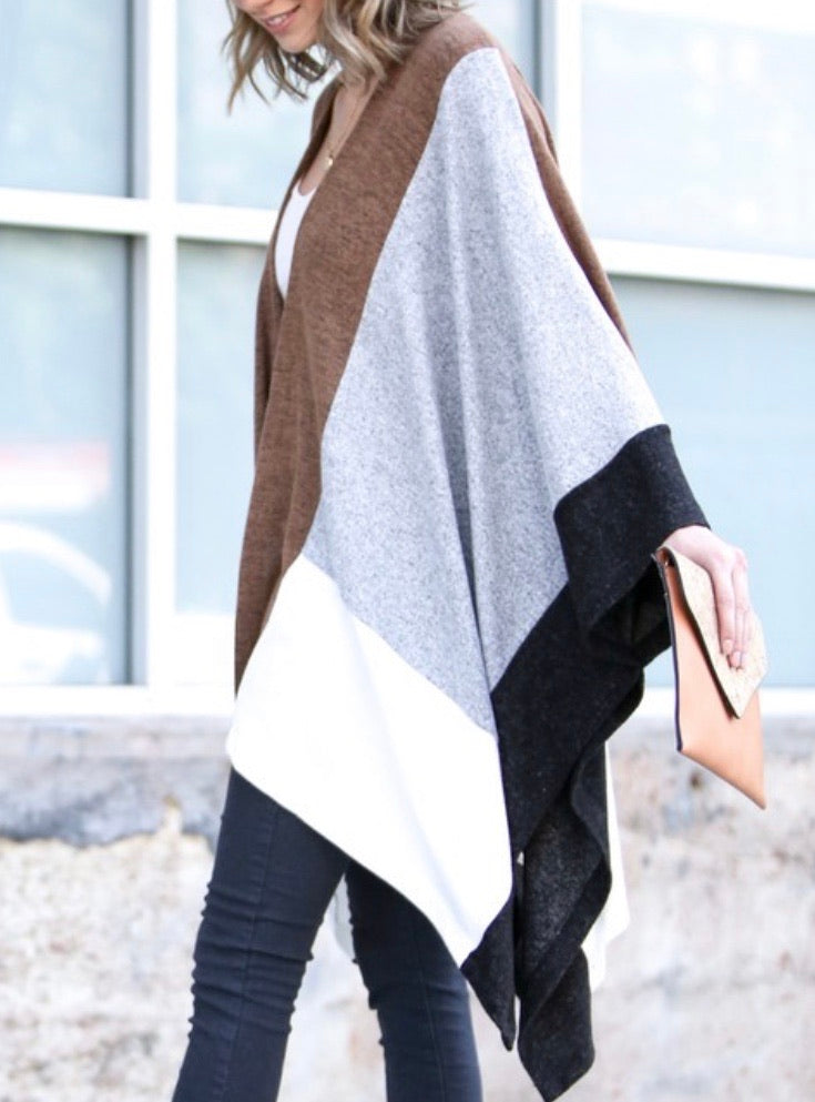 Breezy Asymmetrical Color Block Poncho Cardigan