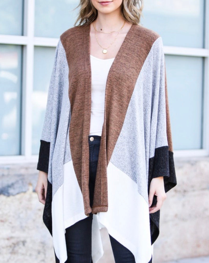 Breezy Asymmetrical Color Block Poncho Cardigan